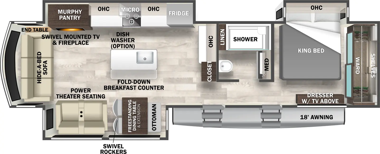 The Cedar Creek Cottage 40CRS has two entries and three slide outs. Exterior features include: fiberglass exterior and 18' awning. Interiors features include: kitchen island, free-standing dinette option, front bedroom and rear living.